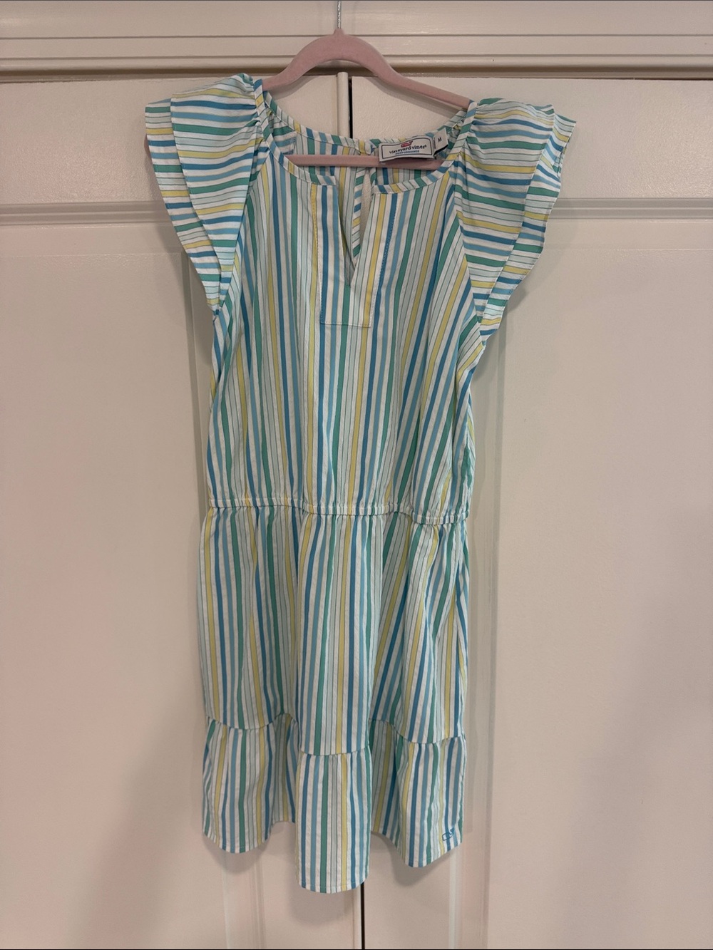 Vineyard Vines Girls' Striped Flutter Dress - Blue, Teal & Yellow